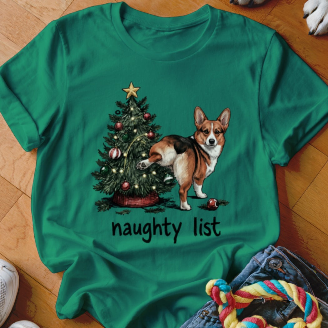 Green t-shirt with corgi near Christmas tree, "naughty list" text below.