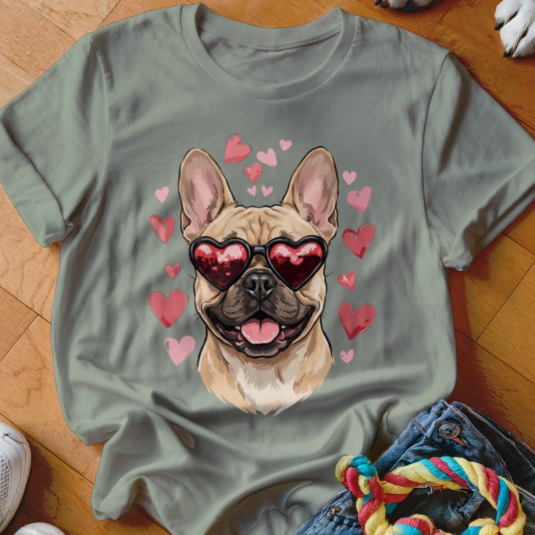 Gray crewneck t-shirt featuring a graphic of a French Bulldog wearing heart-shaped sunglasses surrounded by pink hearts.