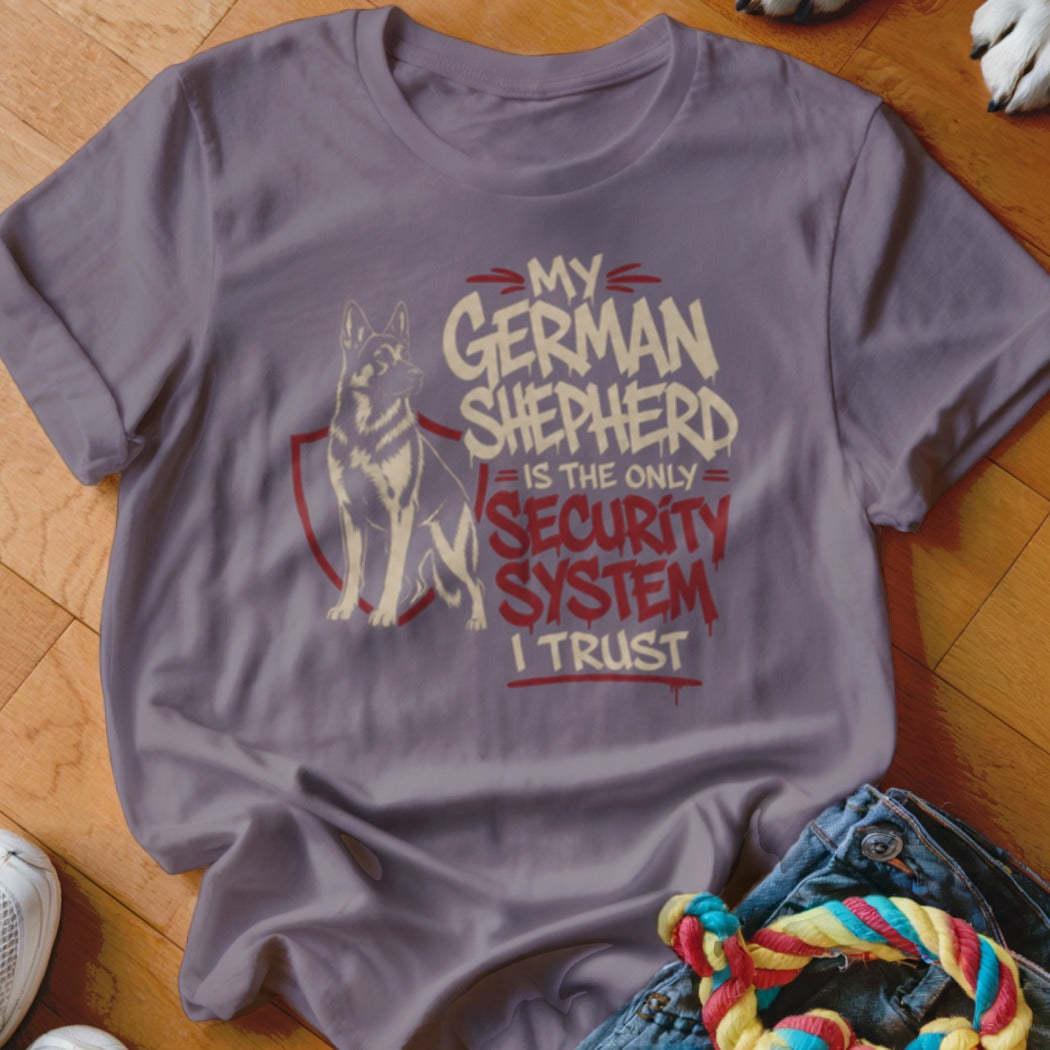 Purple t-shirt with German Shepherd graphic and text "My German Shepherd is the only security system I trust".