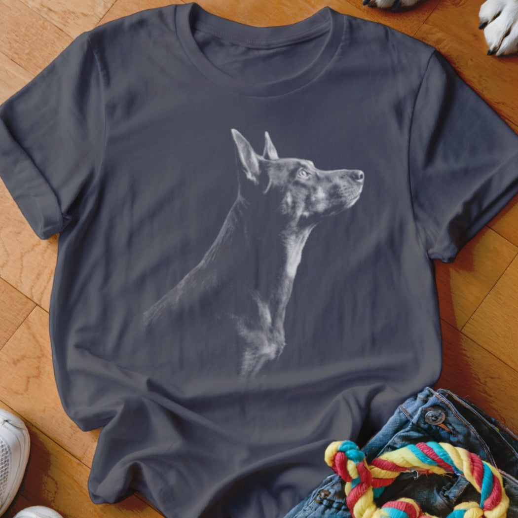 Dark gray t-shirt with a black and white drawing of a Doberman pinscher's head.