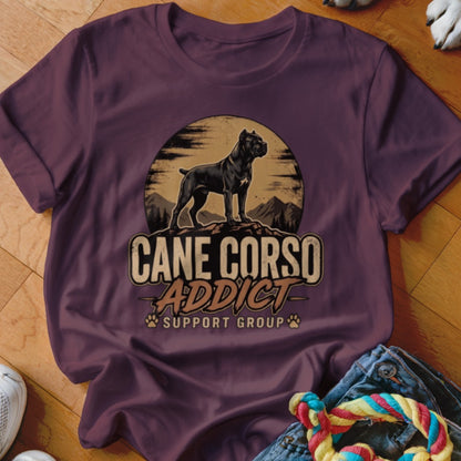 Dark purple crewneck t-shirt featuring a Cane Corso graphic with text reading Cane Corso Addict Support Group.