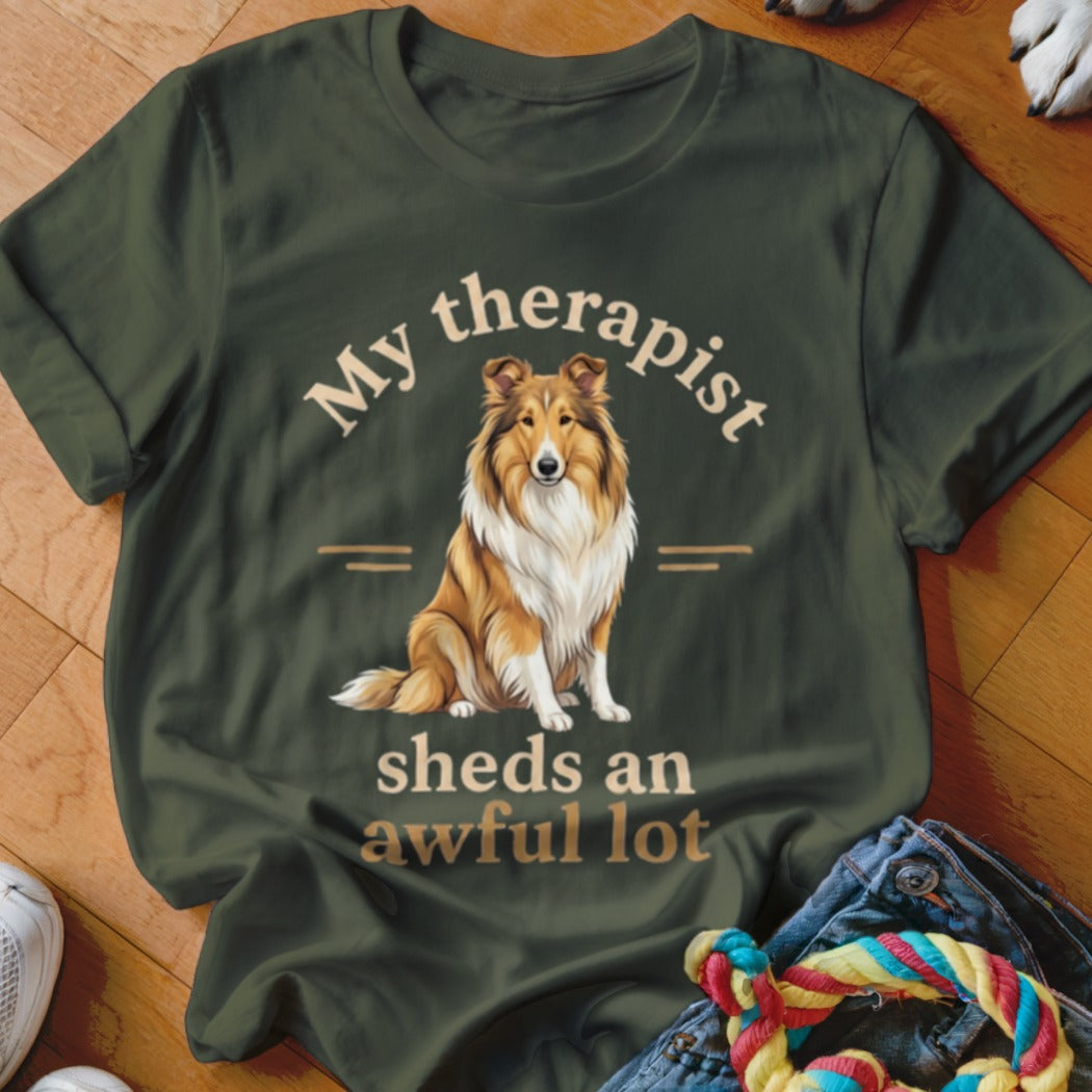 Green t-shirt with a Collie dog illustration and text "My therapist sheds an awful lot."