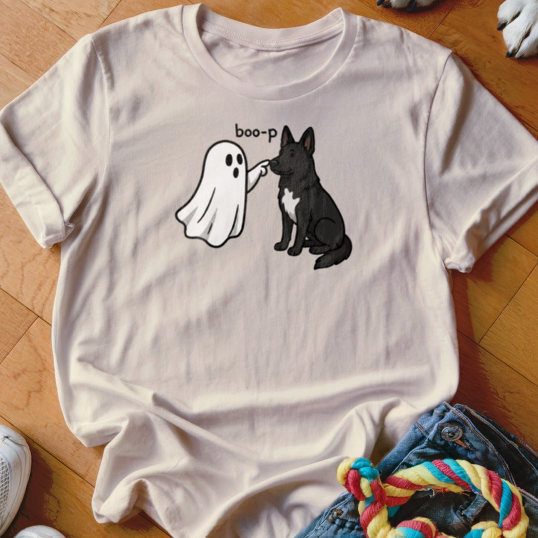 Ghost boops black dog with text "boo-p" on light t-shirt.