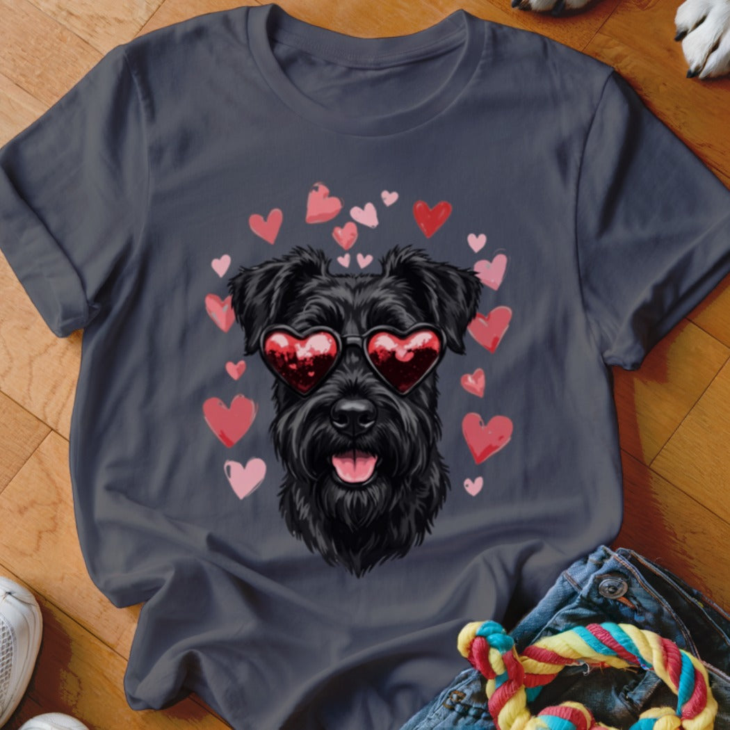 Charcoal grey t-shirt featuring a graphic of a black schnauzer wearing heart-shaped sunglasses, surrounded by pink hearts.