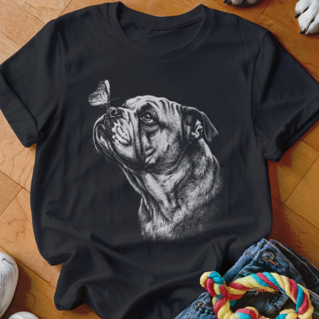 Black crewneck t-shirt featuring a detailed white sketch of a bulldog looking at a butterfly on its nose.