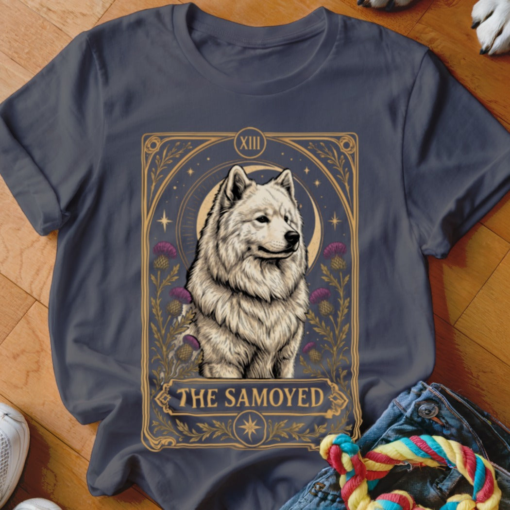 A dark gray crewneck t-shirt featuring a tarot card style Samoyed graphic with floral and celestial designs.