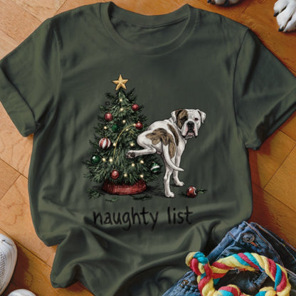 Bulldog at Christmas tree with text "naughty list".