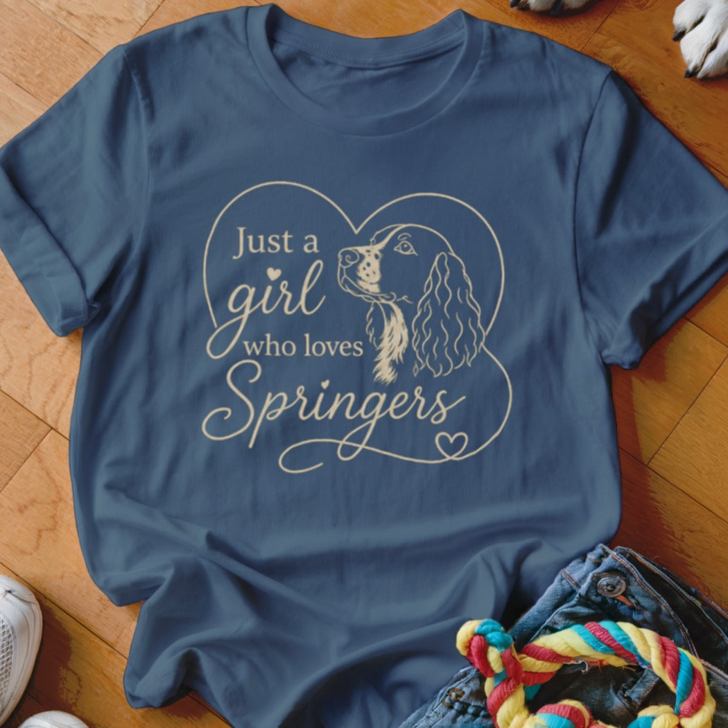 Navy t-shirt with "Just a girl who loves Springers" text and dog outline.