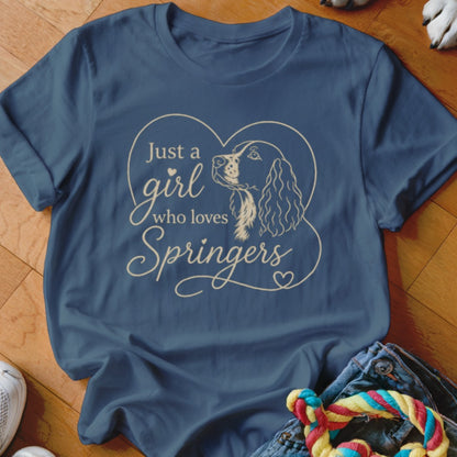 Navy t-shirt with "Just a girl who loves Springers" text and dog outline.