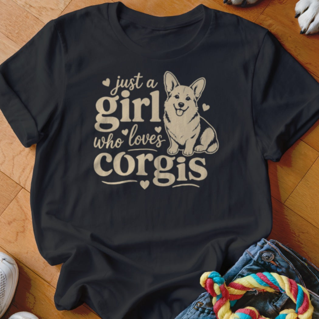 Black t-shirt with "just a girl who loves corgis" text and corgi illustration.