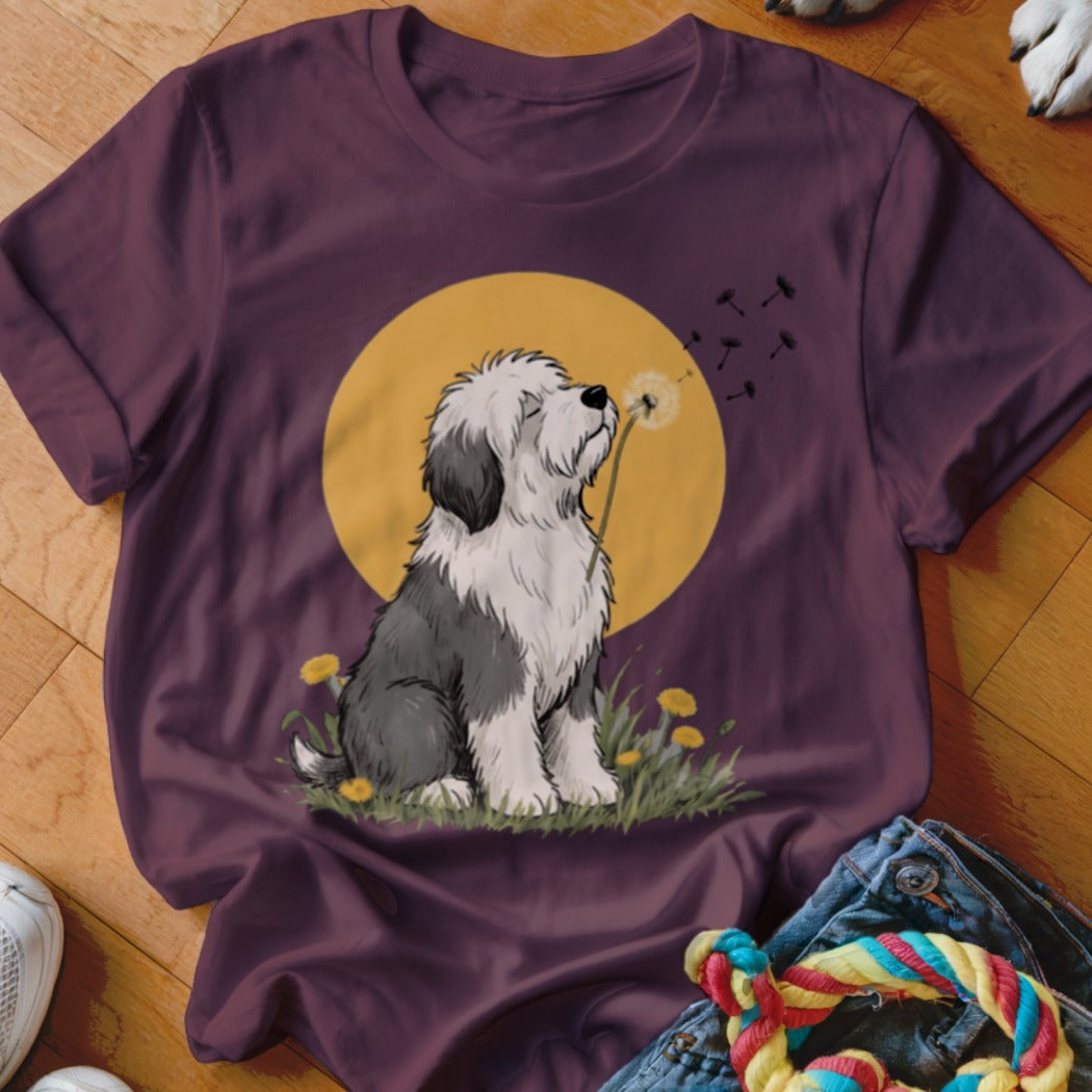 Plum t-shirt featuring an illustration of an Old English Sheepdog blowing dandelion seeds against a yellow circle.