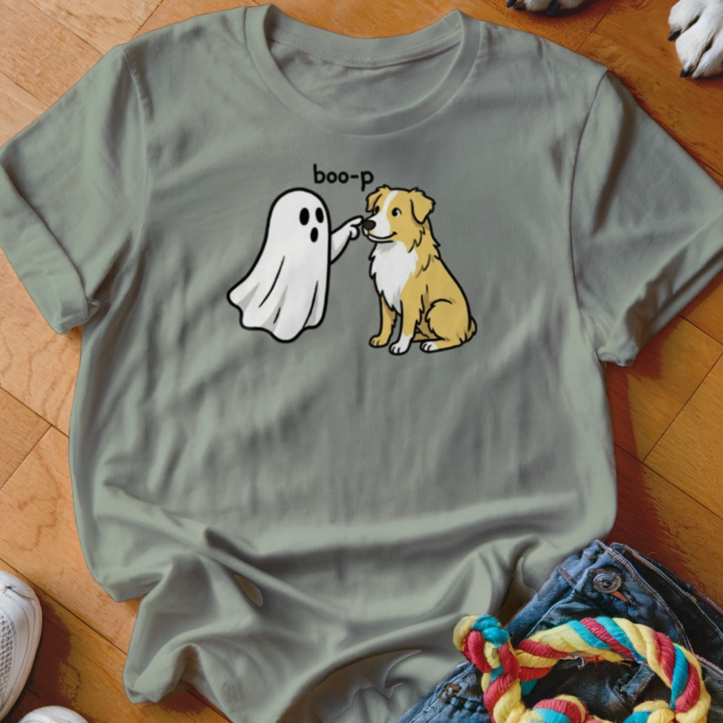 Ghost and dog graphic with "boo-p" text on a gray t-shirt.