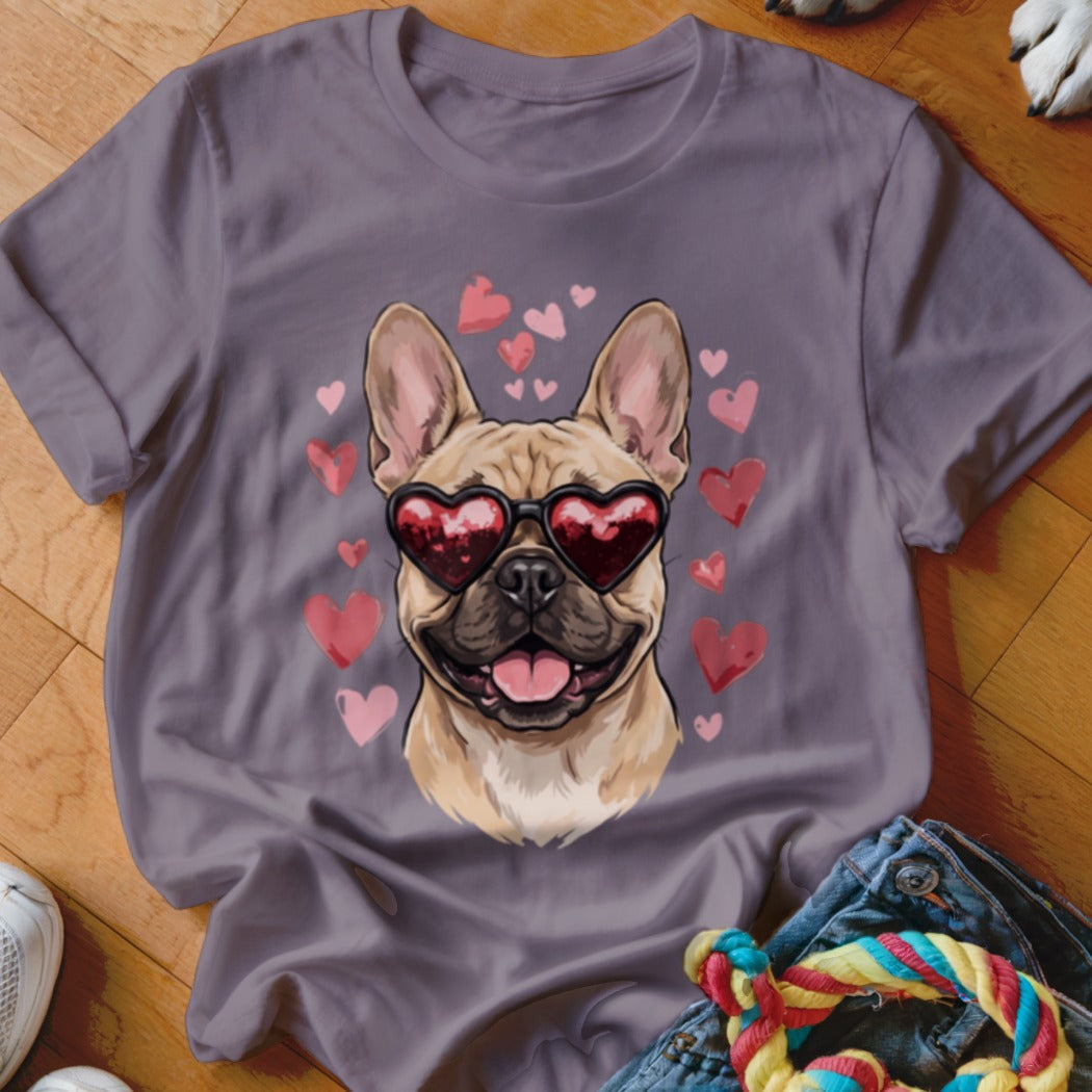 A purple t-shirt featuring a graphic of a French Bulldog wearing heart-shaped sunglasses surrounded by floating pink hearts.