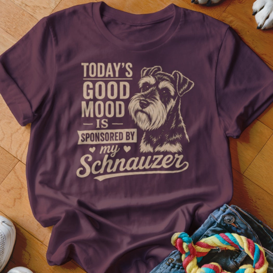 Maroon t-shirt with "Today's Good Mood is Sponsored by My Schnauzer" text and dog graphic.