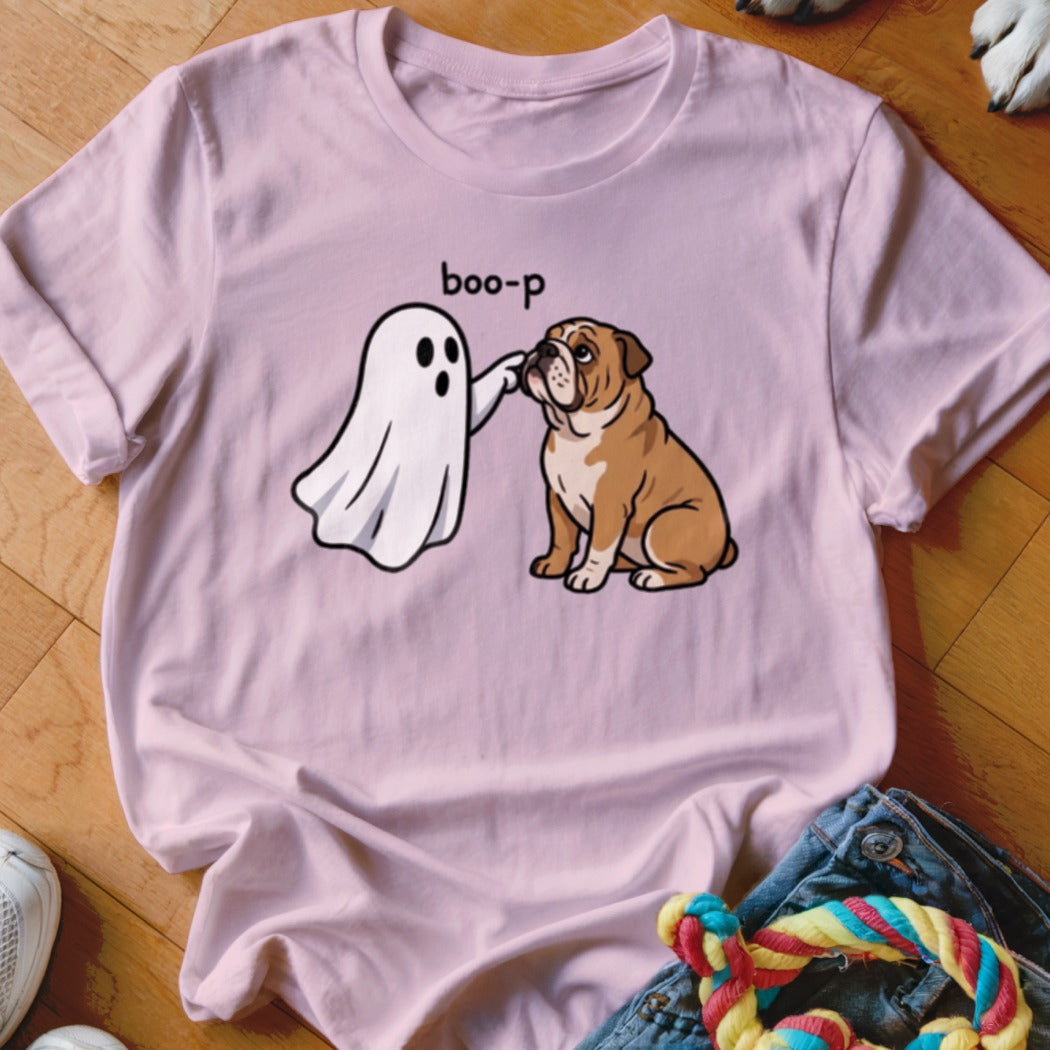 Ghost booping bulldog on pink t-shirt with text "boo-p".
