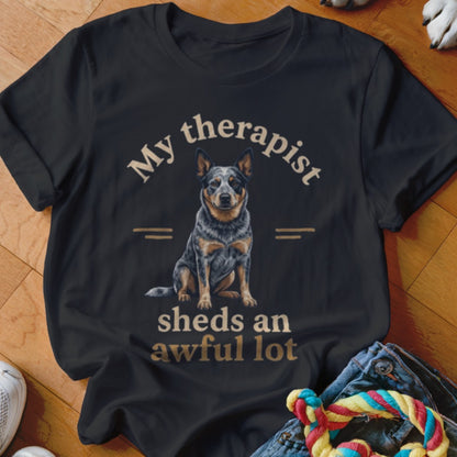 Black t-shirt with an Australian Cattle Dog graphic and text "My therapist sheds an awful lot."