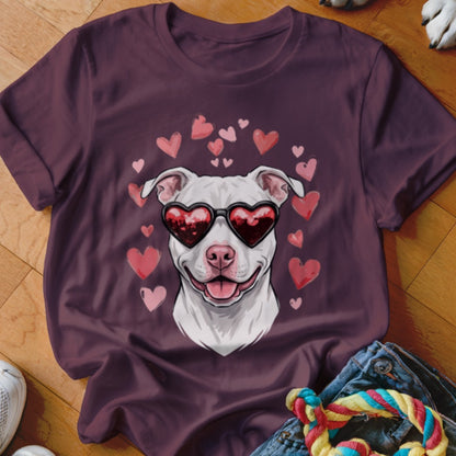 Plum-colored t-shirt featuring a graphic of a smiling white pitbull wearing heart-shaped sunglasses surrounded by pink hearts.