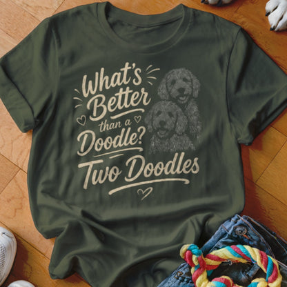 Green t-shirt with "What's Better than a Doodle? Two Doodles" text and two doodles.