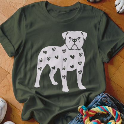 Green t-shirt with white bulldog silhouette filled with black hearts.