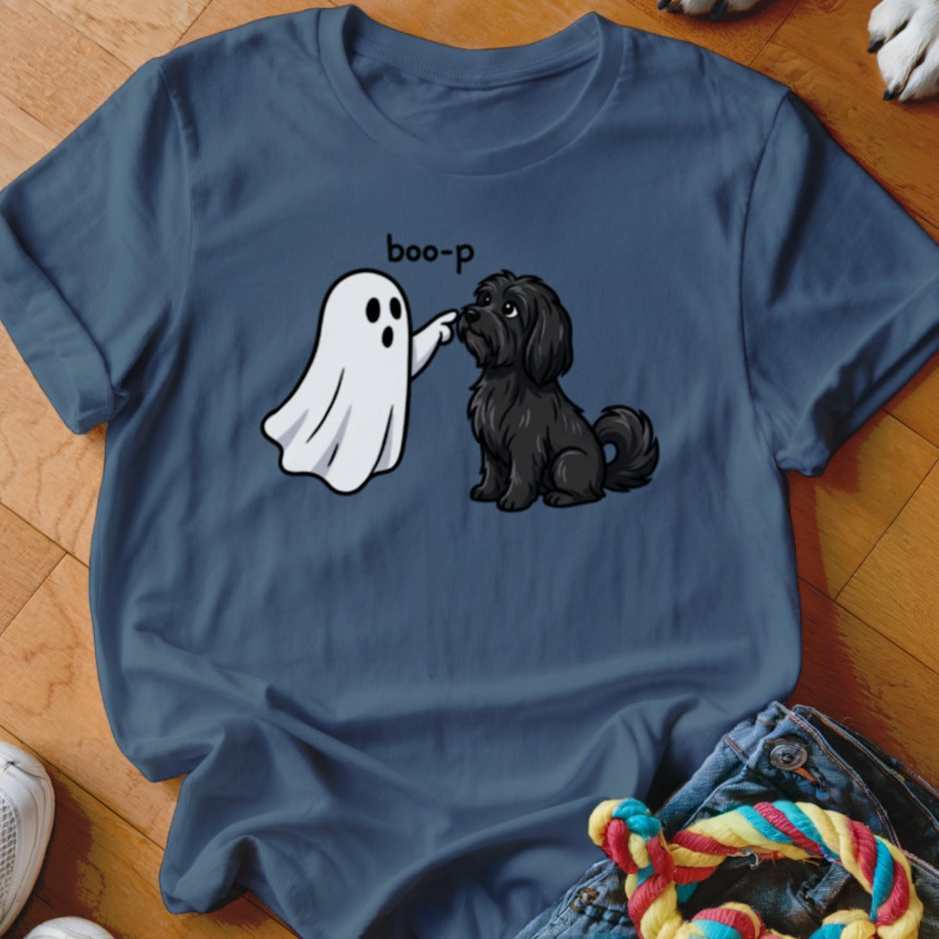 Cartoon ghost booping a black dog with text "boo-p".