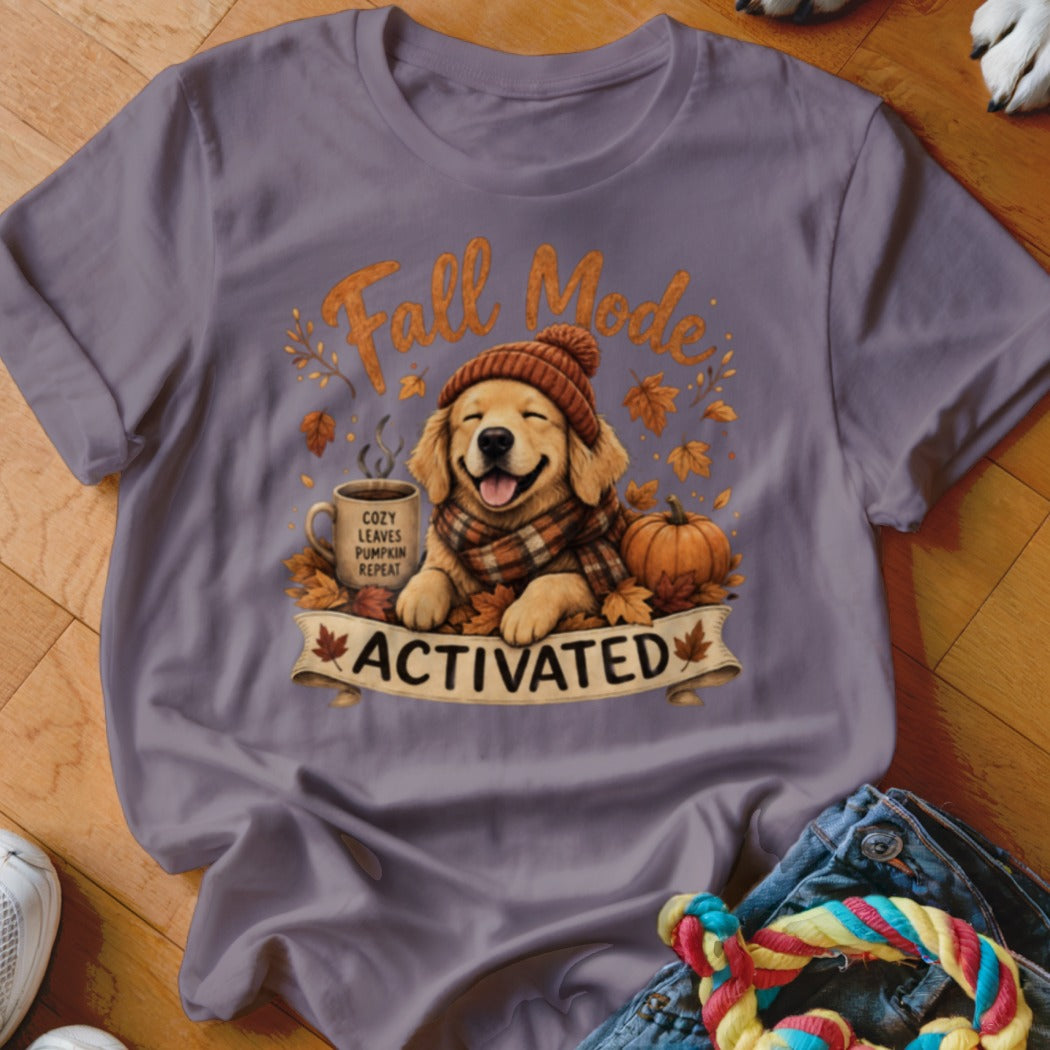 Golden retriever dog in beanie and scarf with "Fall Mode Activated" text.