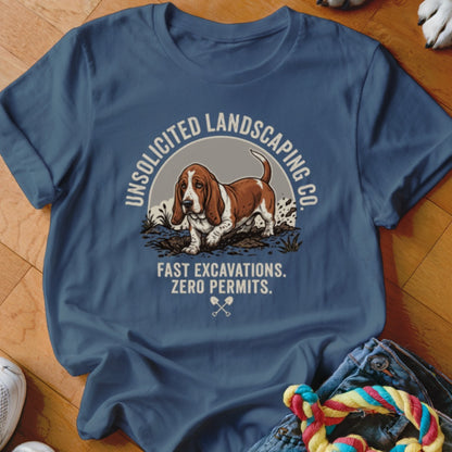 Basset hound digging in dirt with text "Unsolicited Landscaping Co. Fast Excavations. Zero Permits."