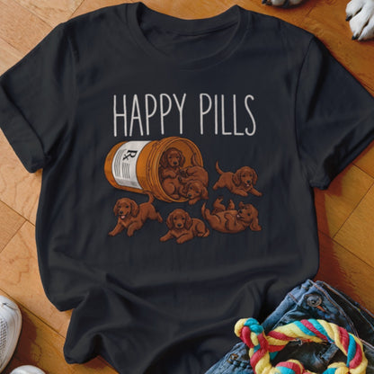 Black t-shirt with "HAPPY PILLS" text and several dachshund puppies spilling from a pill bottle.