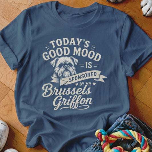 Blue t-shirt with text "Today's Good Mood is Sponsored by my Brussels Griffon" and dog illustration.