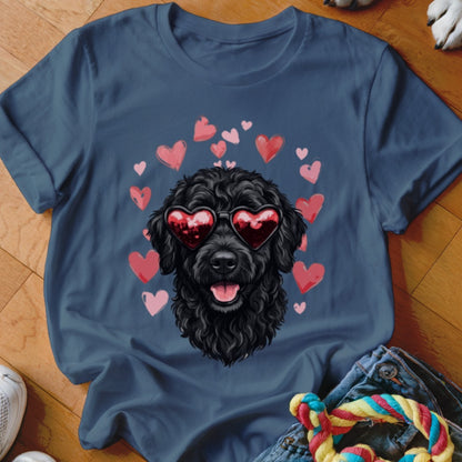 A slate blue crew neck t-shirt featuring a graphic of a black poodle wearing heart-shaped sunglasses surrounded by pink hearts.