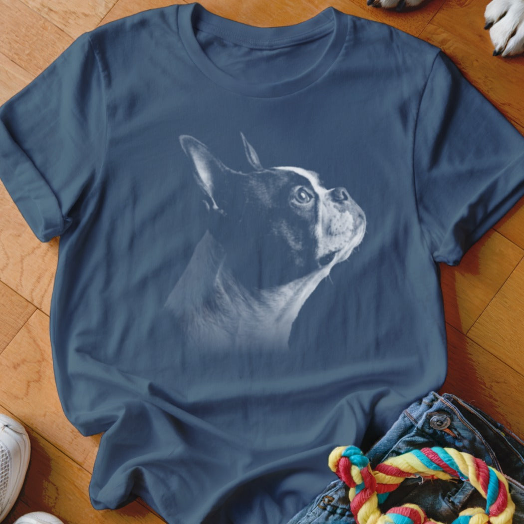 Boston Terrier portrait graphic on a navy blue t-shirt with cuffed sleeves.
