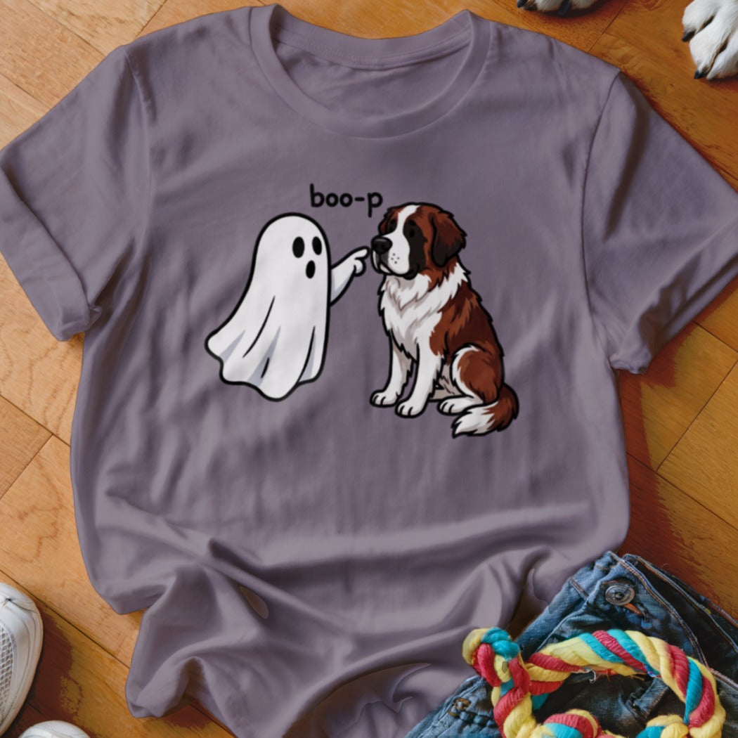 Ghost booping a Saint Bernard dog on the nose with the text "boo-p".