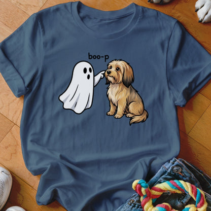Ghost booping a dog with the text "boo-p" above it on a t-shirt.
