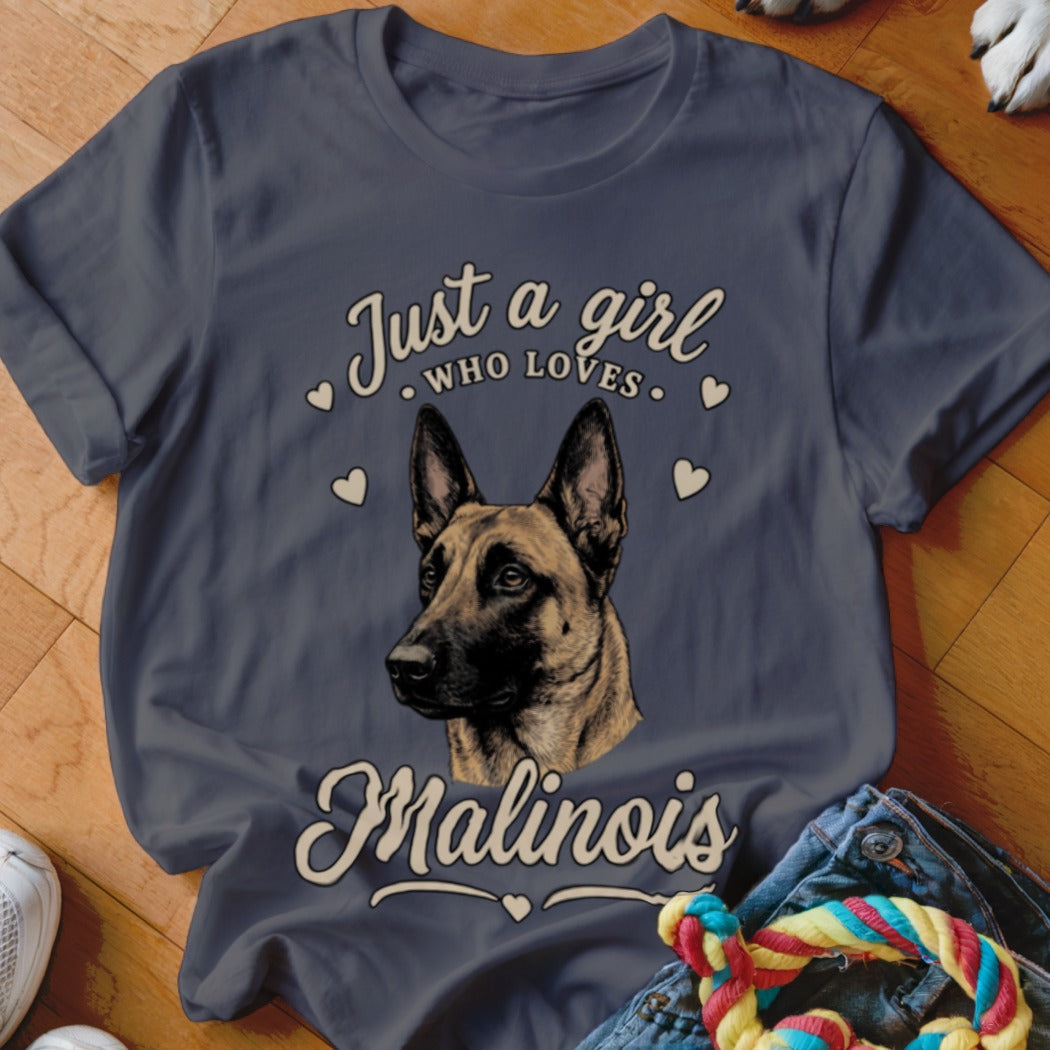 Dark gray t-shirt featuring a Belgian Malinois graphic and the text Just a girl who loves Malinois.