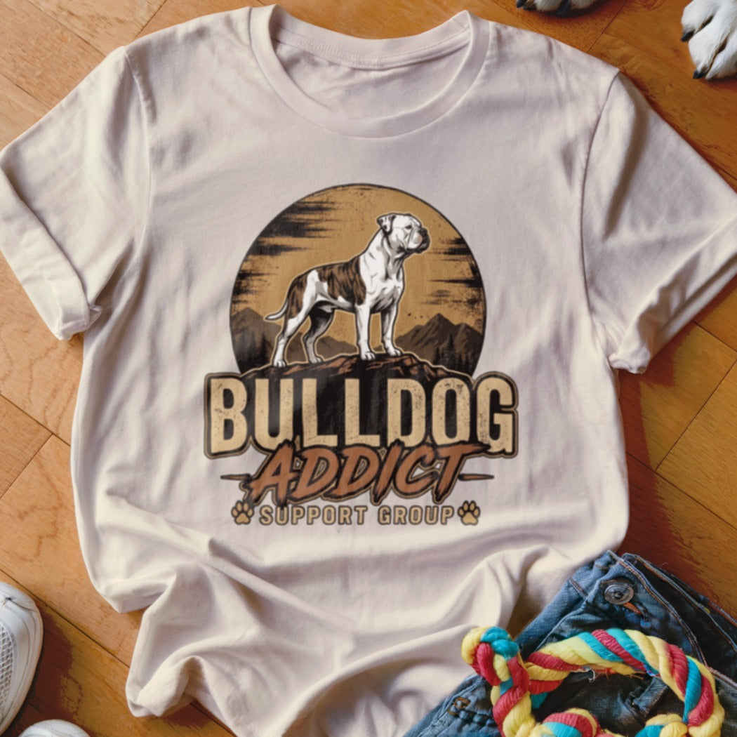 Light-colored t-shirt featuring a graphic of a brindle bulldog standing on a mountain with text reading Bulldog Addict Support Group.