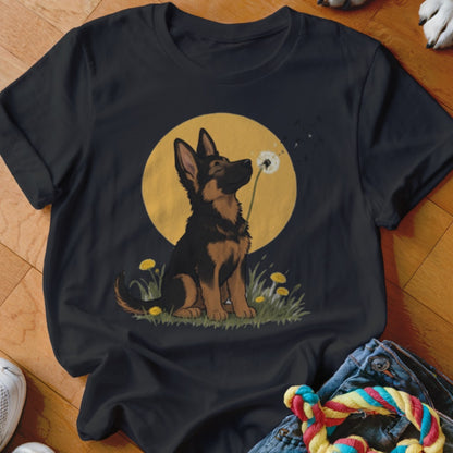 A black t-shirt features a graphic of a German Shepherd puppy blowing dandelion seeds against a yellow moon.