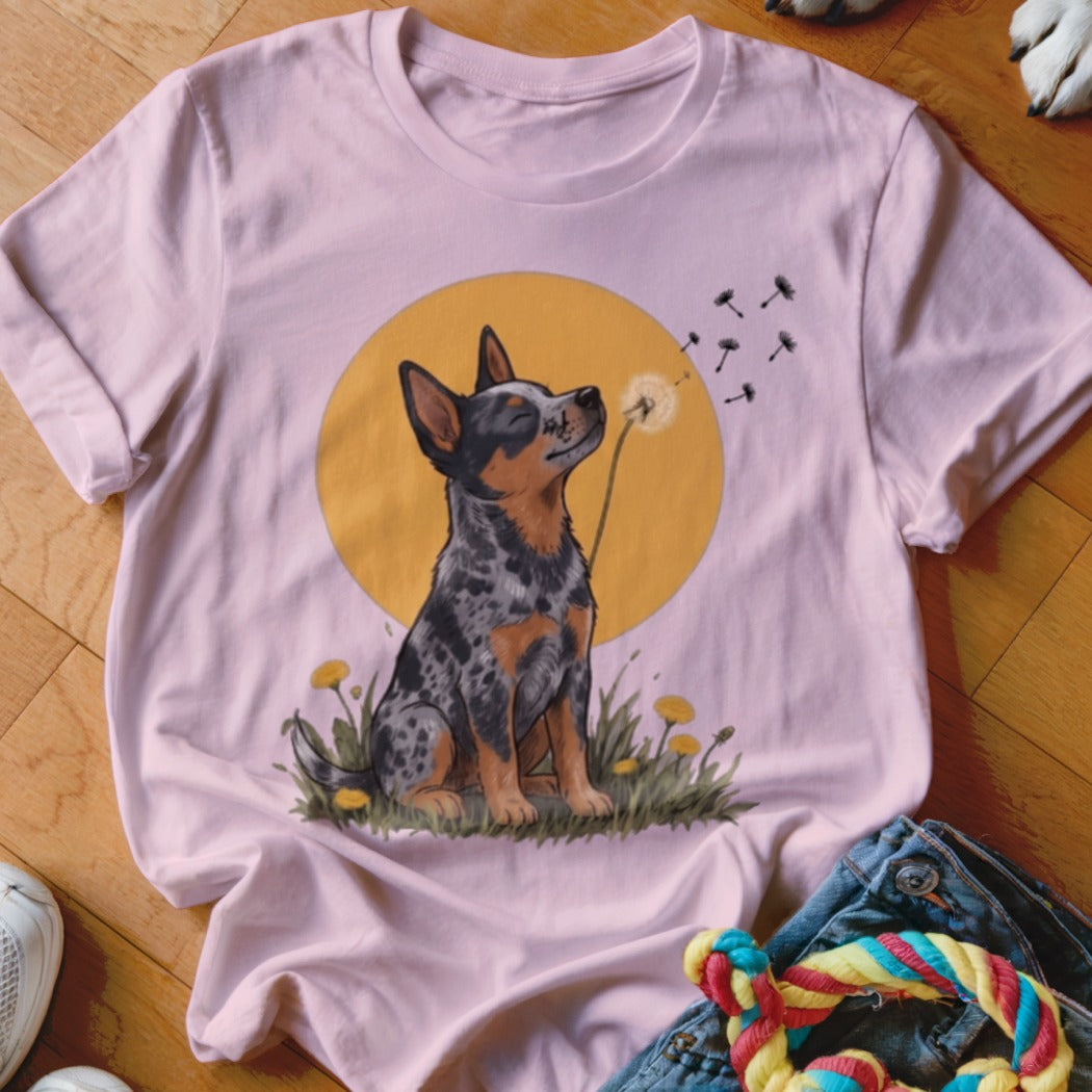 Light pink t-shirt featuring a graphic of a blue heeler dog sniffing a dandelion.