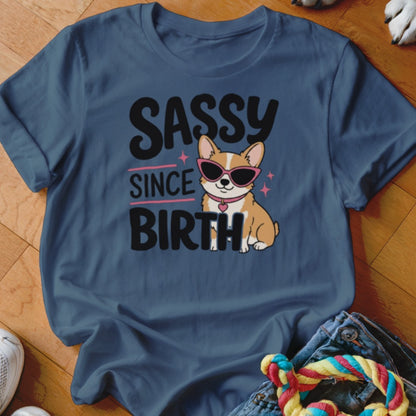 Dark blue t-shirt with a corgi wearing sunglasses and the text "SASSY SINCE BIRTH".
