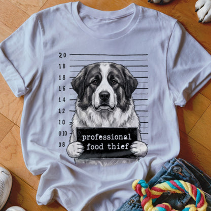 Saint Bernard dog mugshot with text "professional food thief"