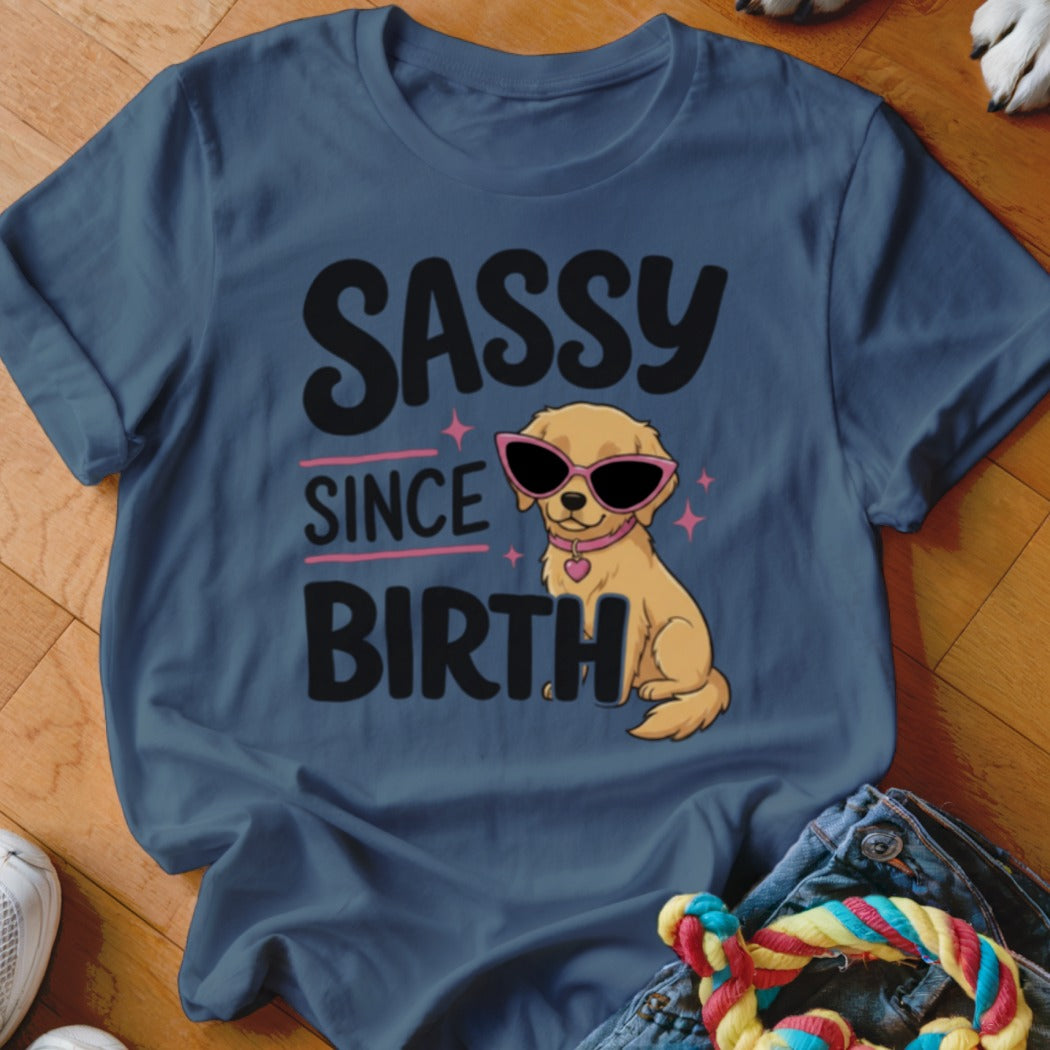 Golden retriever puppy wearing pink sunglasses on a t-shirt with "Sassy Since Birth" text.