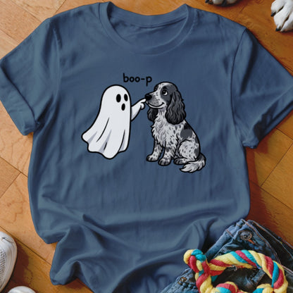 Cartoon ghost booping a dog's nose with text "boo-p"