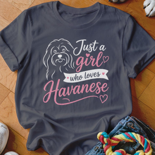 Dark grey t-shirt with a Havanese dog graphic and text "Just a girl who loves Havanese".