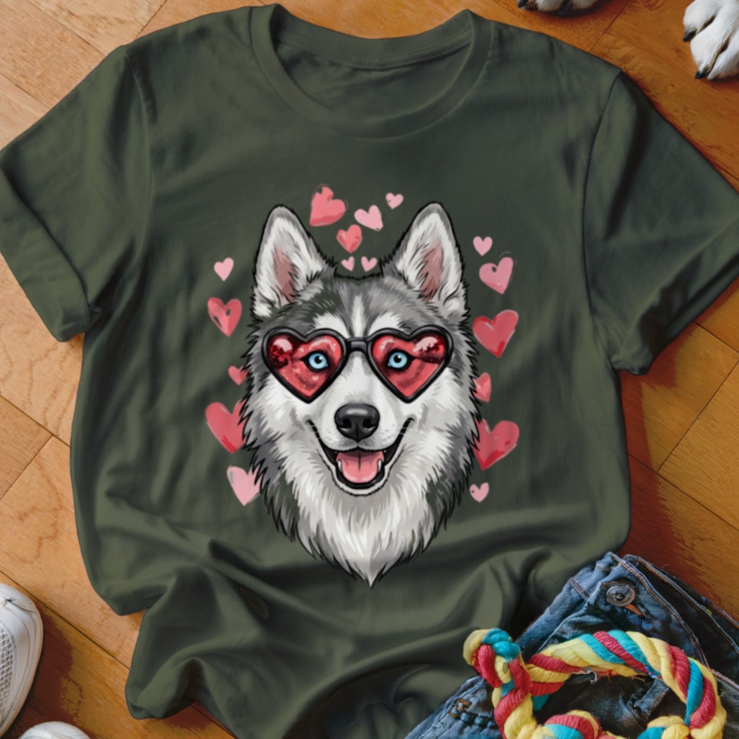 Dark green t-shirt featuring a graphic of a husky wearing heart-shaped sunglasses surrounded by pink hearts.