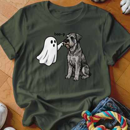 A ghost boops a schnauzer dog on the nose with "boo-p" text.