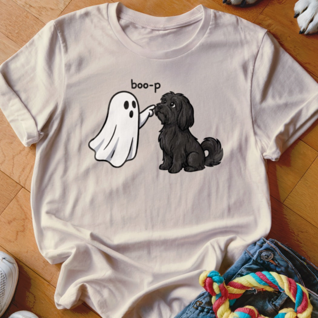 White t-shirt with graphic of ghost booping black dog, reads "boo-p".