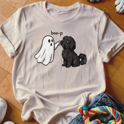 White t-shirt with graphic of ghost booping black dog, reads "boo-p".