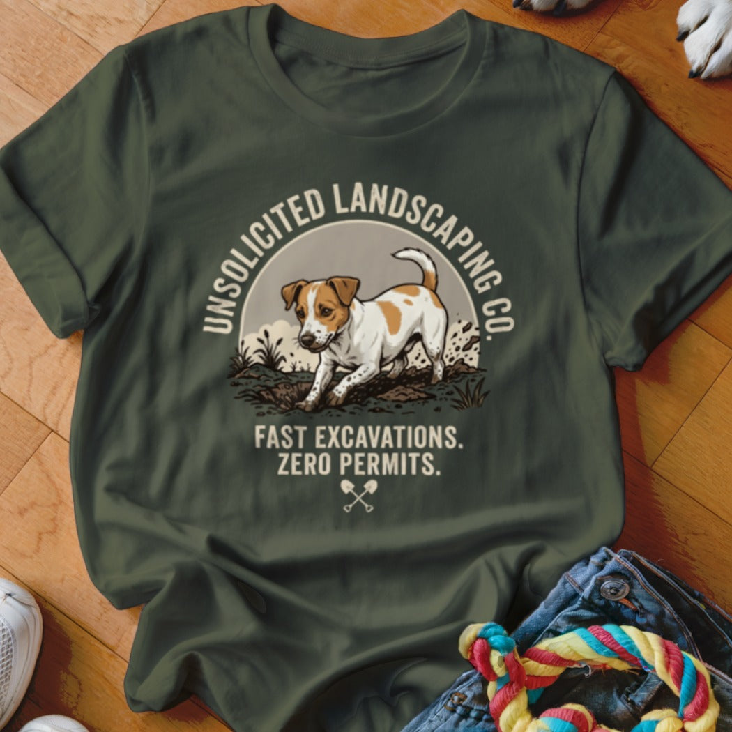 Green t-shirt with a dog digging, Unsolicited Landscaping Co. logo, and text.