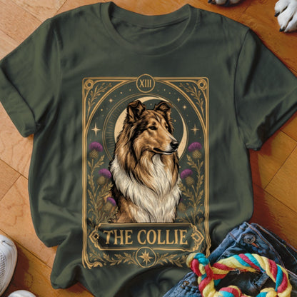 Dark green t-shirt featuring a tarot card graphic of a collie dog with the text THE COLLIE.