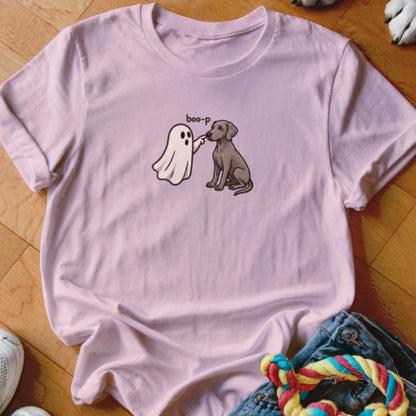 Light pink t-shirt with a ghost "boop-ing" a sitting dog.