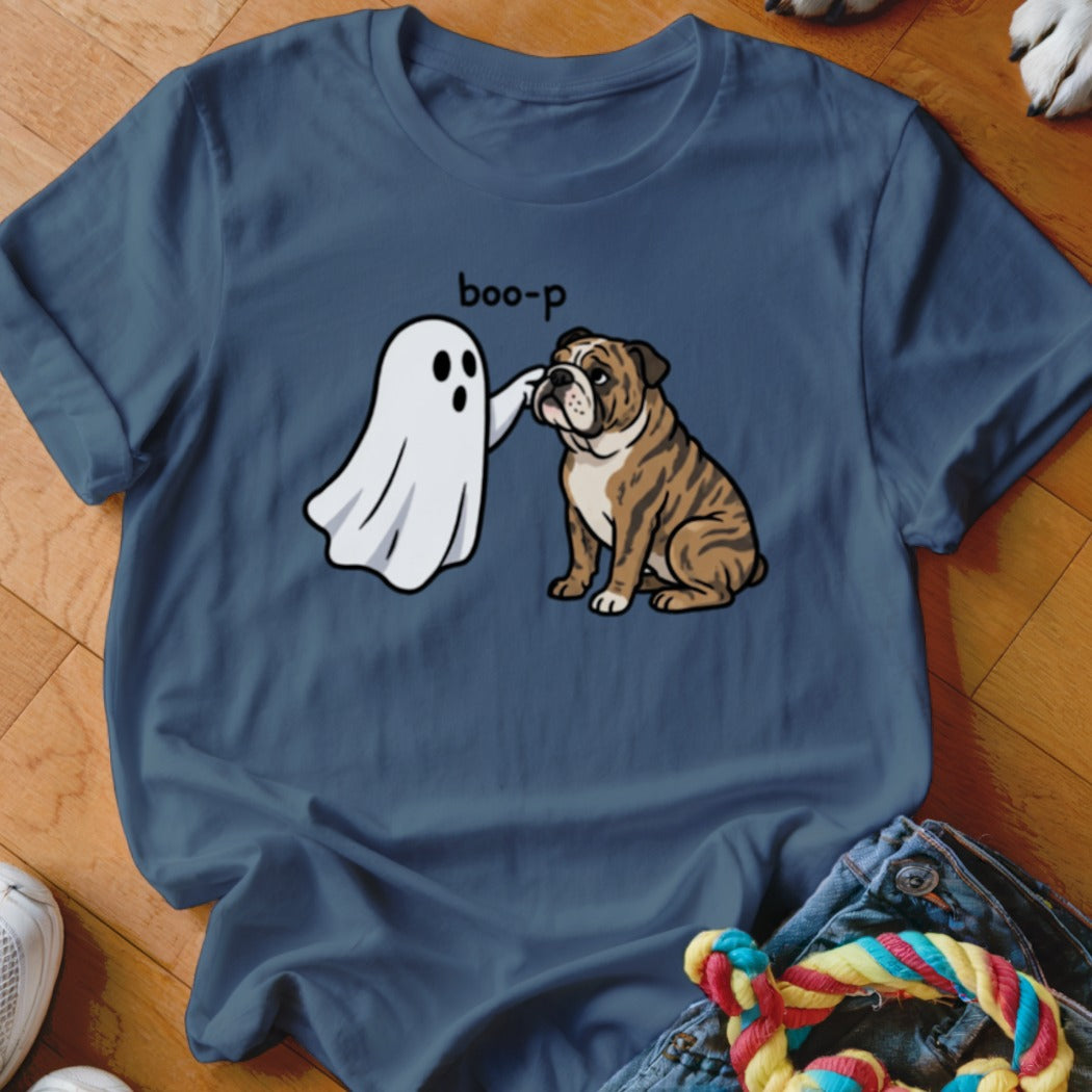 Bulldog looking surprised as a ghost pokes its nose, text reads "boo-p".