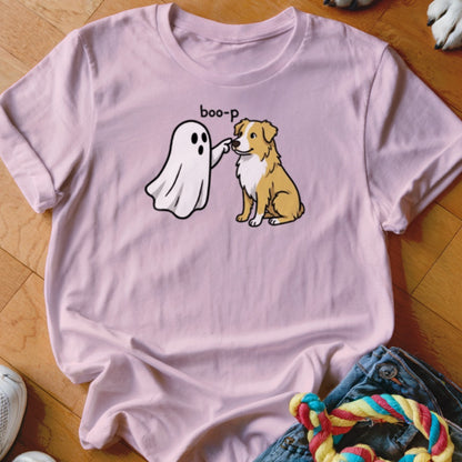 Ghost character boops dog's nose with text "boo-p" on pink t-shirt.